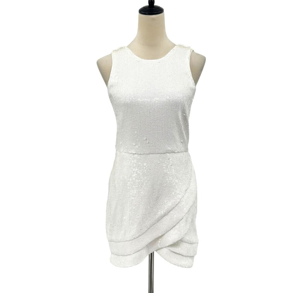 NBD White Sequin Sleeveless Open V-back Layered Tulip Skirt Mini Party Dress